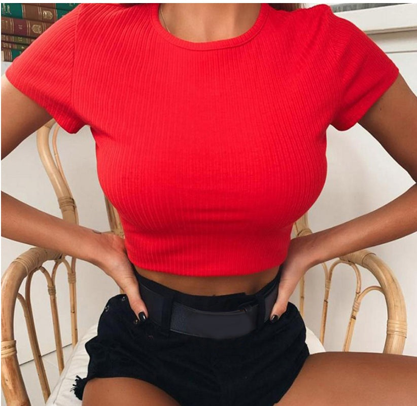 Neon Knitted Tshirt Women O Neck Short Sleeve Tee& Shirts Sexy Crop Top Girls
